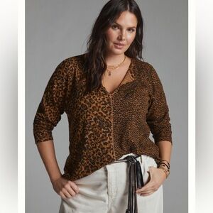 Pilcro by Anthropologie Womens Leopard Print Long Sleeve Top Waffle Knit Size XS